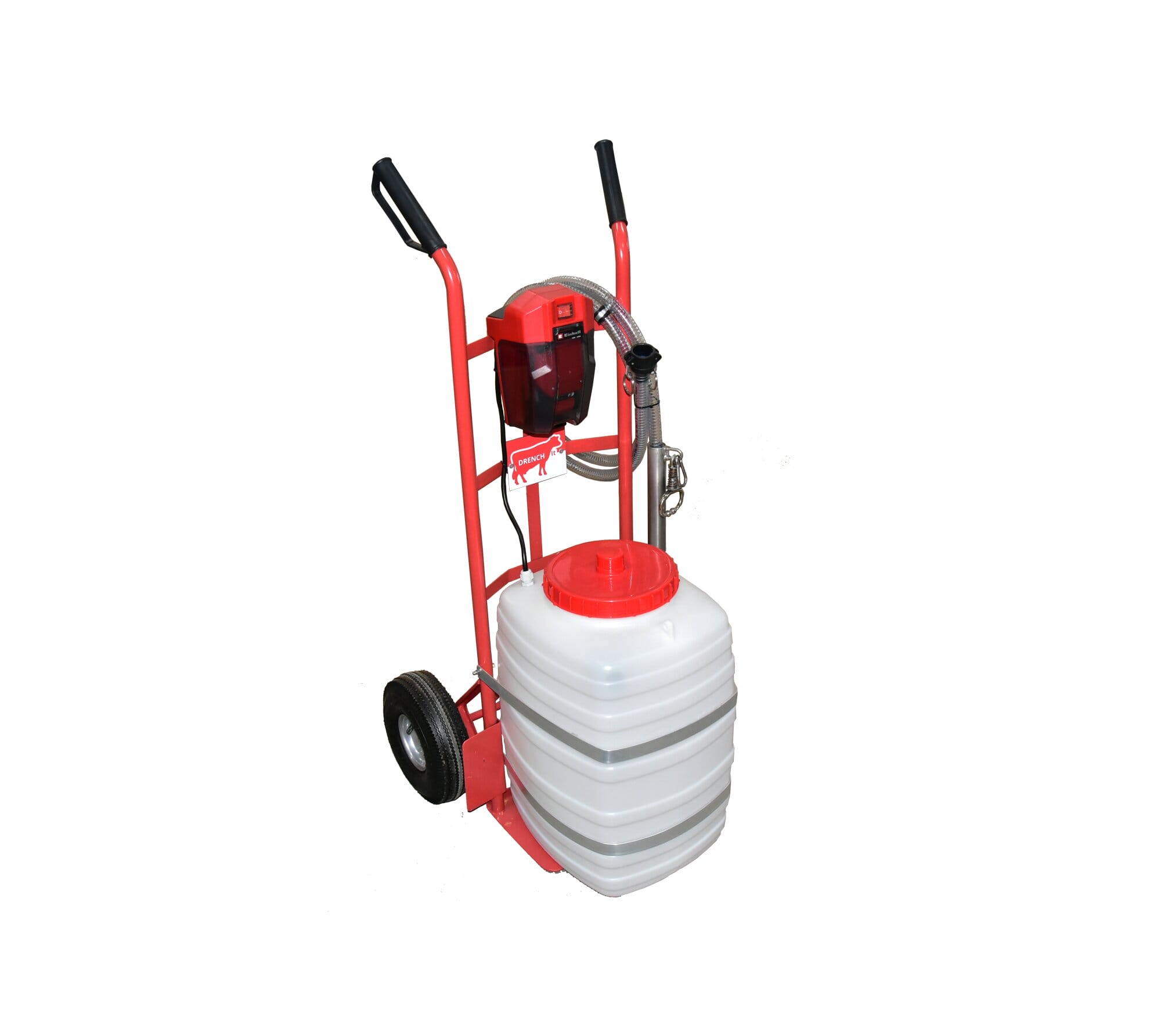 Drench It Mobile Accu – Akku-betriebene, mobile Drenchpumpe mit Edelstahlkomponenten und Neusklemme zur effizienten und stressfreien Versorgung von Wiederkäuern mit Flüssigkeit und Nährstoffen, ideal für den Einsatz auf dem ganzen Betrieb.